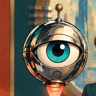 DOT, a chrome sphere with one teal eye and a glowing coral thruster.