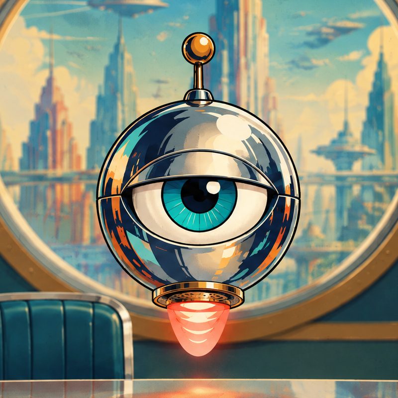 DOT hovering over the news desk: a chrome sphere with an antenna, one teal eye and a coral thruster glow.
