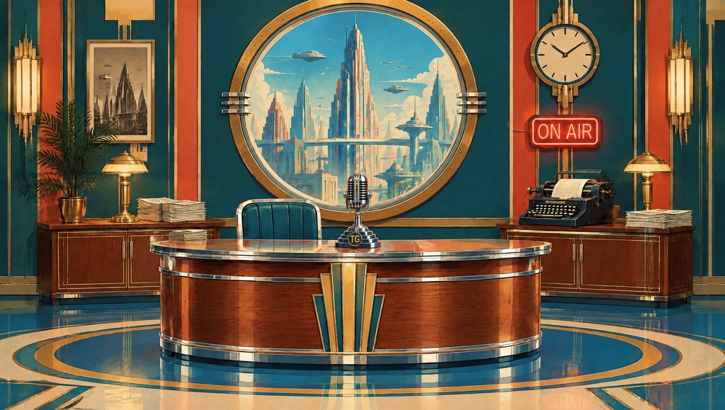 The empty Tomorrow Gazette studio: a curved wooden news desk with chrome trim, a porthole window onto a city of spires, a clock, brass lamps and an ON AIR sign.