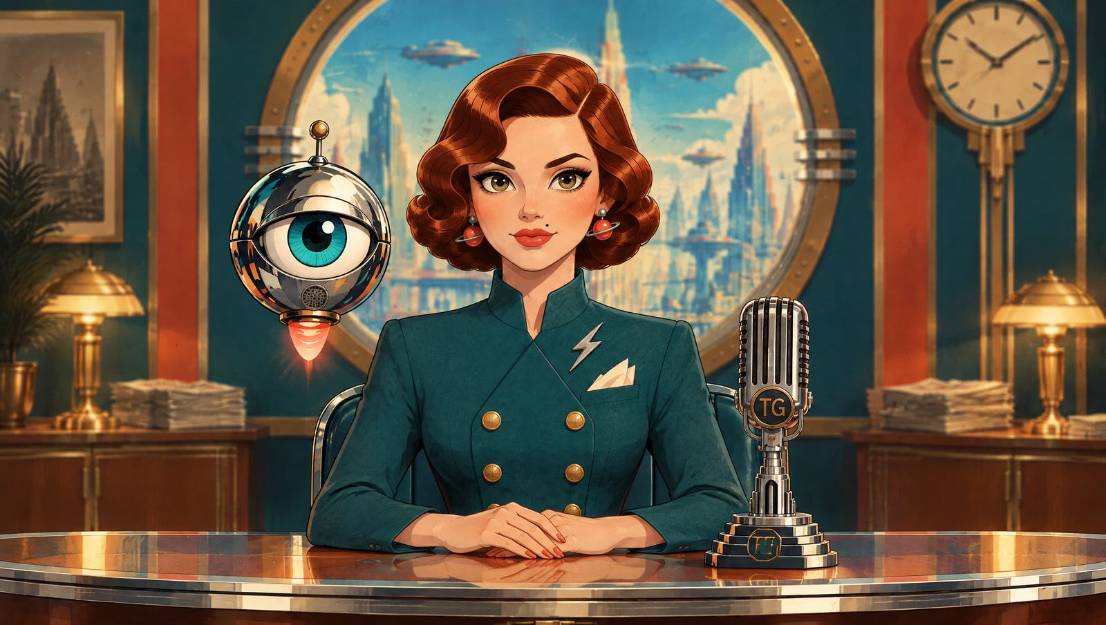 Vera Tomorrow, a cartoon newsreader with red 1940s curls and a teal jacket, sits at the Tomorrow Gazette news desk. Beside her floats DOT, a chrome robot with one big teal eye. Behind them, a round porthole window looks out on a city of spires.