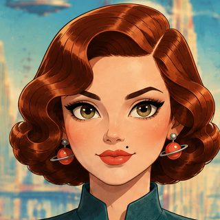 Vera Tomorrow, smiling, with red 1940s curls.