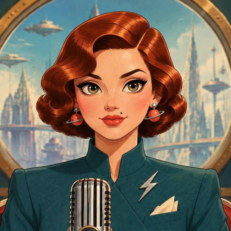 Vera Tomorrow at the news desk behind a chrome microphone, in a teal jacket with a lightning-bolt brooch.